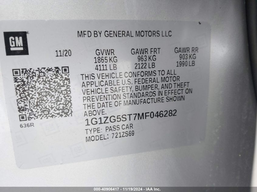 VIN 1G1ZG5ST7MF046282 2021 CHEVROLET MALIBU FWD RS