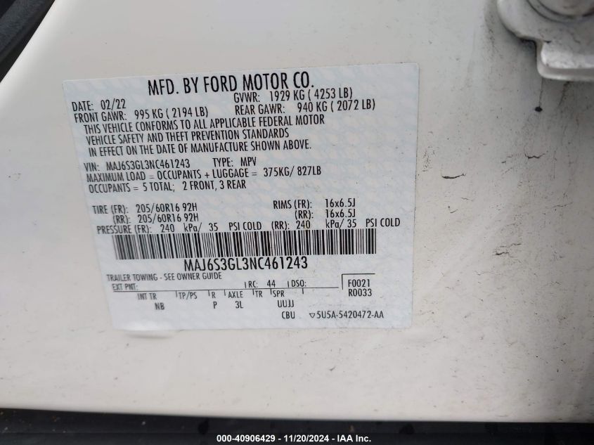 2022 Ford Ecosport Se VIN: MAJ6S3GL3NC461243 Lot: 40906429