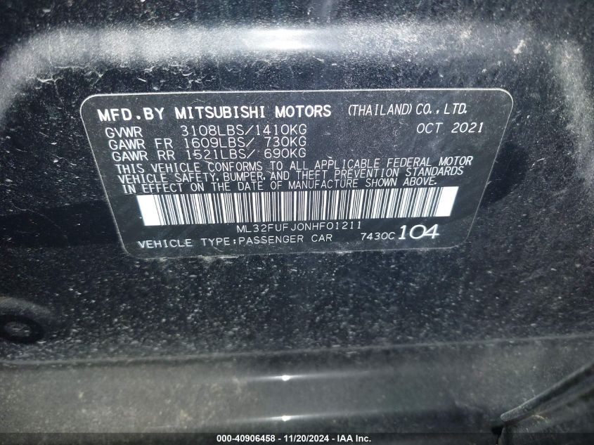 2022 Mitsubishi Mirage G4 Le VIN: ML32FUFJONHF01211 Lot: 40906458