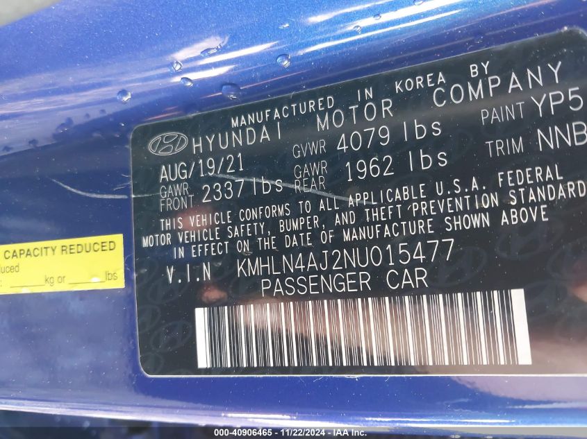 2022 Hyundai Elantra Hybrid Limited VIN: KMHLN4AJ2NU015477 Lot: 40906465