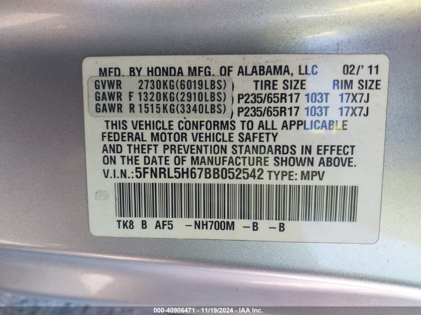 2011 Honda Odyssey Ex-L VIN: 5FNRL5H67BB052542 Lot: 40906471