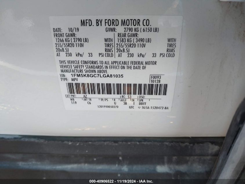 2020 Ford Explorer St VIN: 1FM5K8GC7LGA81035 Lot: 40906522