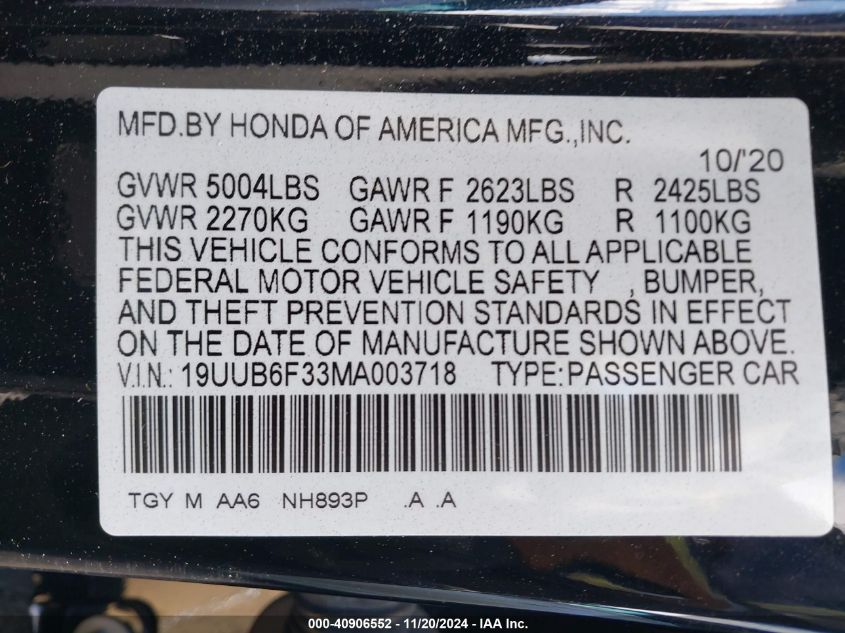 2021 Acura Tlx Standard VIN: 19UUB6F33MA003718 Lot: 40906552