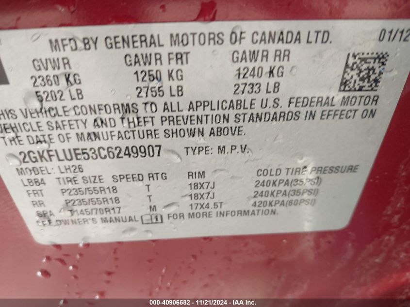 2012 GMC Terrain Slt-1 VIN: 2GKFLUE53C6249907 Lot: 40906582