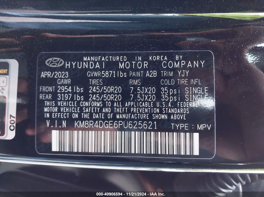 2023 Hyundai Palisade Sel VIN: KM8R4DGE6PU625621 Lot: 40906594