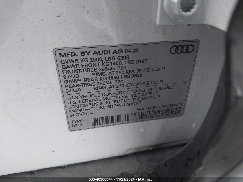 2023 Audi Q7 Premium 45 Tfsi Quattro Tiptronic VIN: WA1ACBF72PD021411 Lot: 40906644