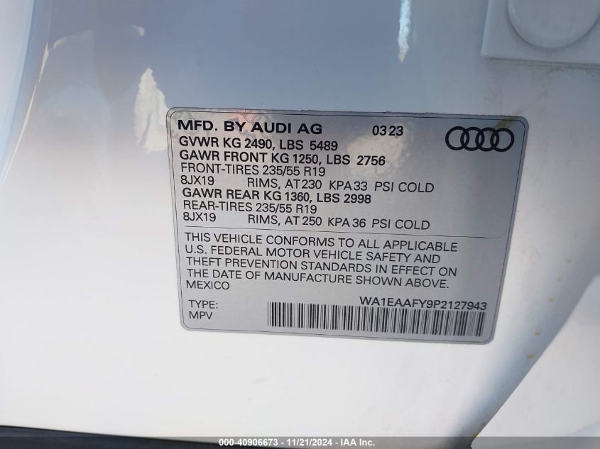 2023 Audi Q5 Premium Plus 45 Tfsi S Line Quattro VIN: WA1EAAFY9P2127943 Lot: 40906673