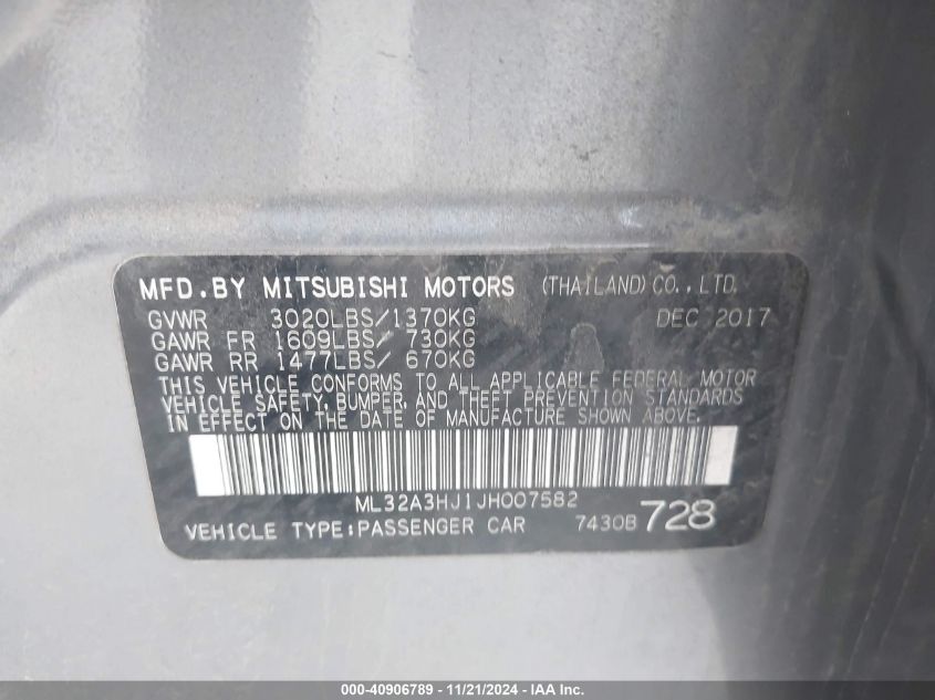 2018 Mitsubishi Mirage Es VIN: ML32A3HJ1JH007582 Lot: 40906789