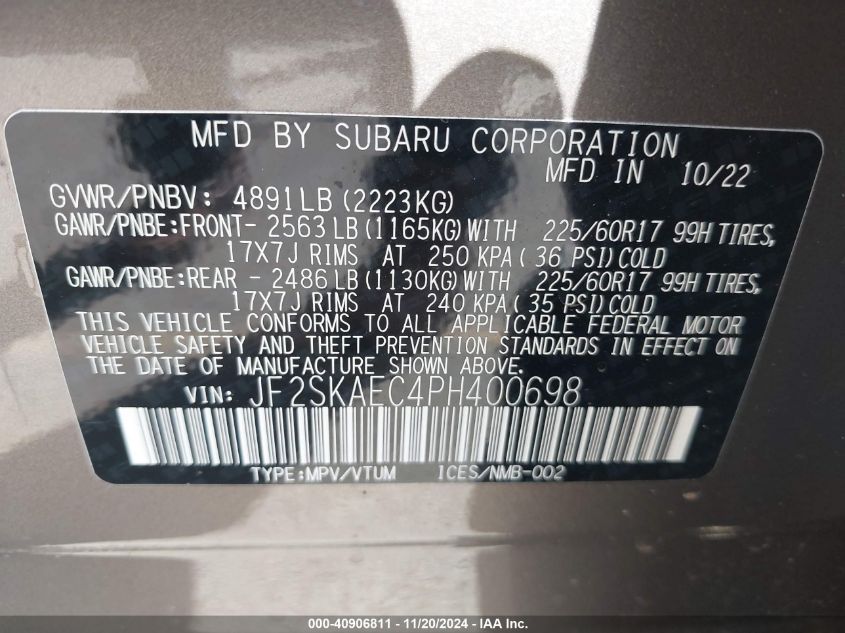 2023 Subaru Forester Premium VIN: JF2SKAEC4PH400698 Lot: 40906811