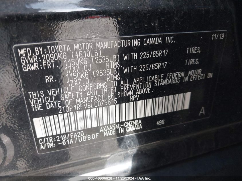 2020 Toyota Rav4 Xle VIN: 2T3P1RFV8LC075615 Lot: 40906828