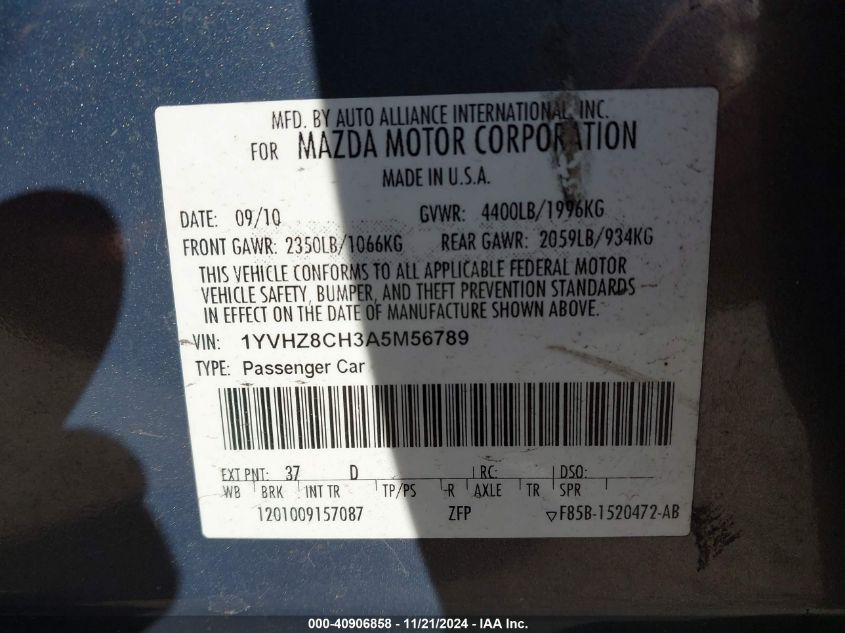 2010 Mazda Mazda6 I Touring Plus VIN: 1YVHZ8CH3A5M56789 Lot: 40906858