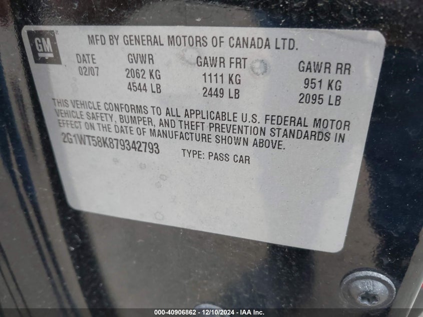 2007 CHEVROLET IMPALA VIN: 2G1WT58K879342793