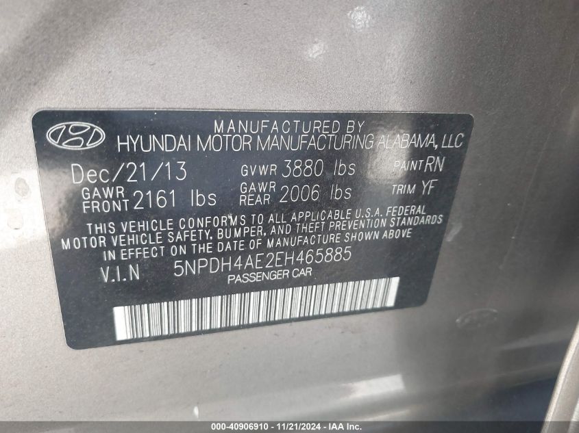 2014 Hyundai Elantra Se VIN: 5NPDH4AE2EH465885 Lot: 40906910