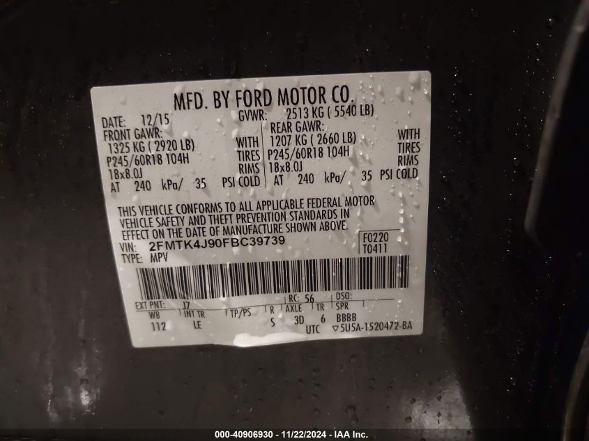 2015 Ford Edge Sel VIN: 2FMTK4J90FBC39739 Lot: 40906930