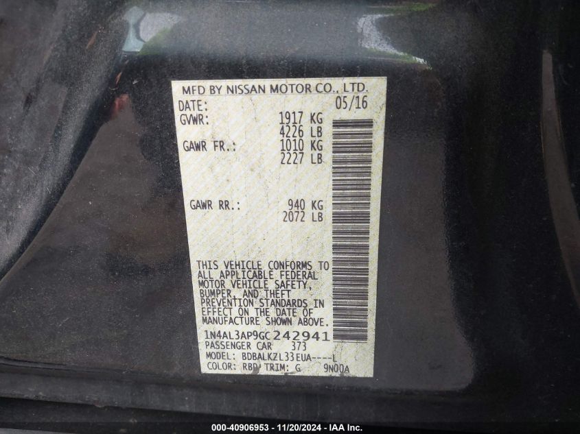 2016 NISSAN ALTIMA 2.5 SV - 1N4AL3AP9GC242941