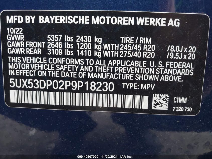 2023 BMW X3 xDrive30I VIN: 5UX53DP02P9P18230 Lot: 40907020