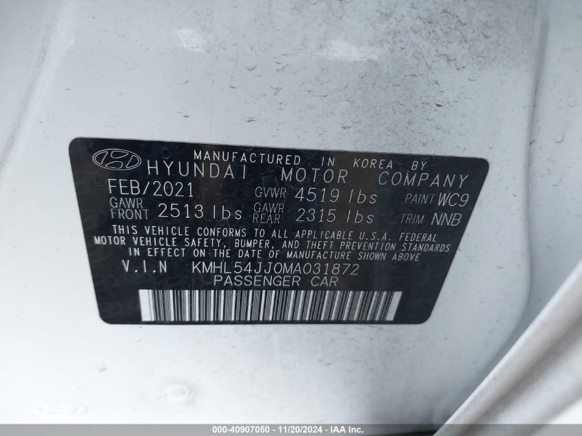 2021 Hyundai Sonata Limited VIN: KMHL54JJ0MA031872 Lot: 40907050