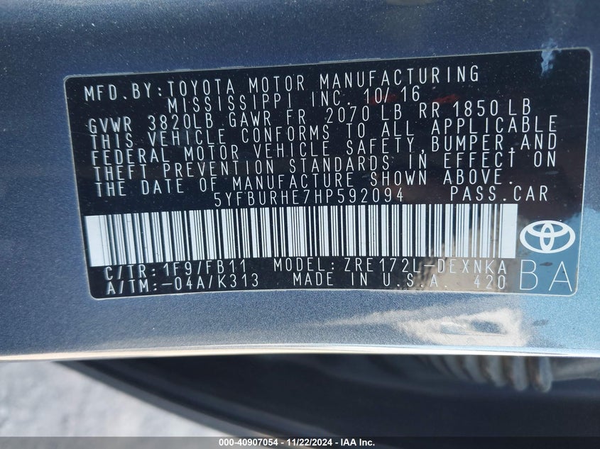2017 TOYOTA COROLLA VIN: 5YFBURHE7HP592094