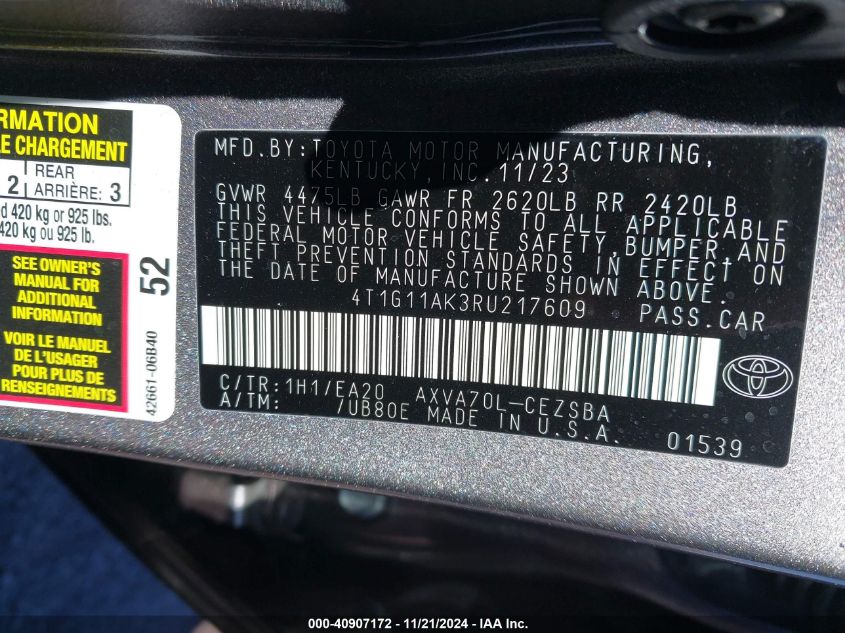 2024 TOYOTA CAMRY VIN: 4T1G11AK3RU217609