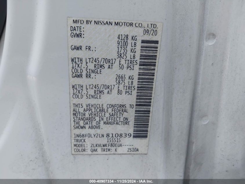 VIN 1N6BF0LY2LN810839 2020 NISSAN NV CARGO NV2500 HD no.9