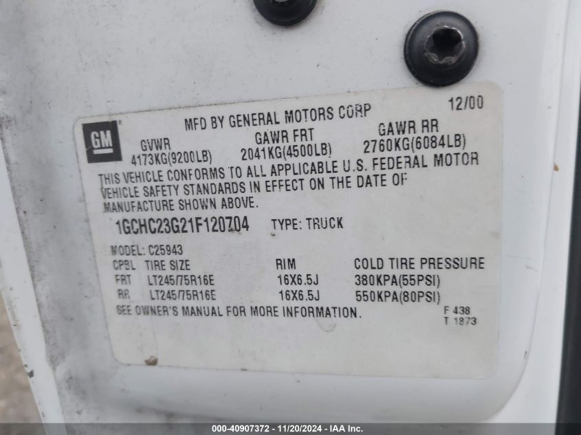 2001 Chevrolet Silverado 2500Hd Ls VIN: 1GCH623G21F120704 Lot: 40907372
