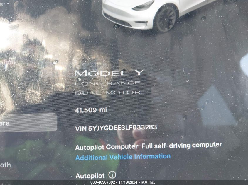 2020 Tesla Model Y Long Range Dual Motor All-Wheel Drive VIN: 5YJYGDEE3LF033283 Lot: 40907392