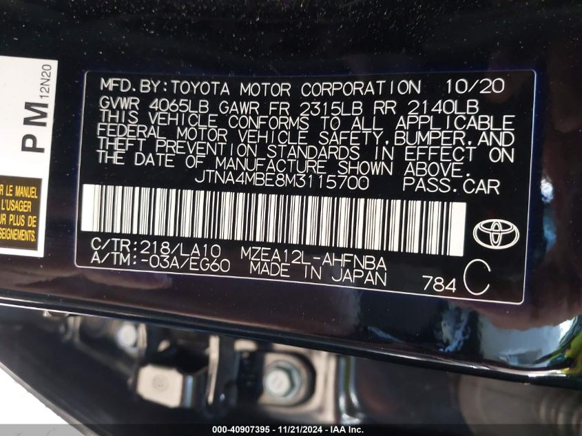 2021 Toyota Corolla Xse VIN: JTNA4MBE8M3115700 Lot: 40907395