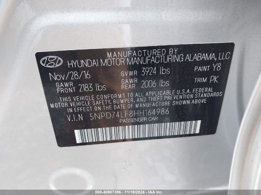 VIN 5NPD74LF8HH164986 2017 HYUNDAI ELANTRA SE
