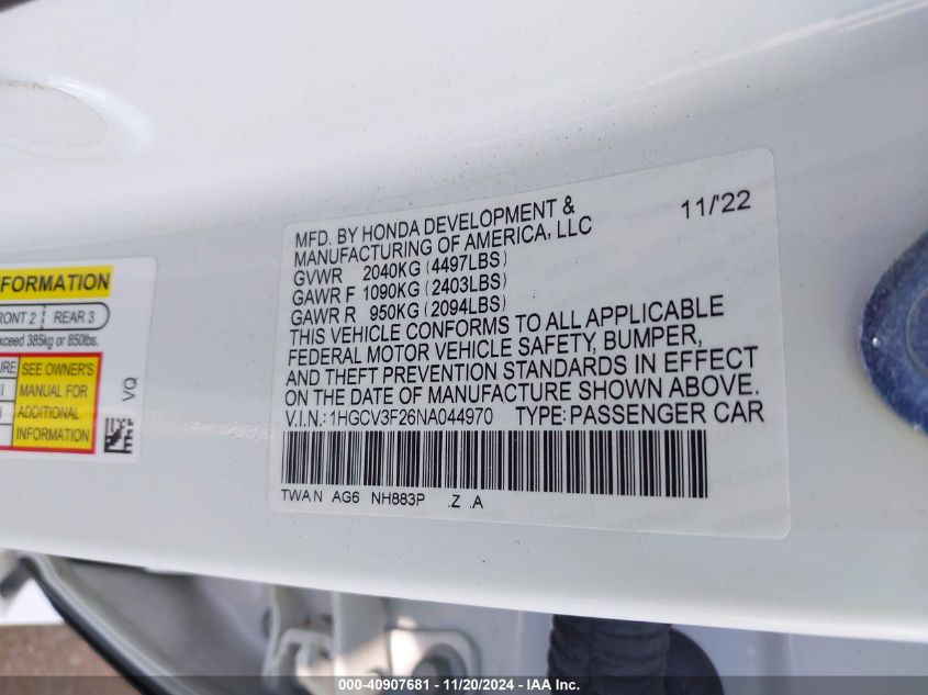 VIN 1HGCV3F26NA044970 2022 HONDA ACCORD HYBRID SPORT