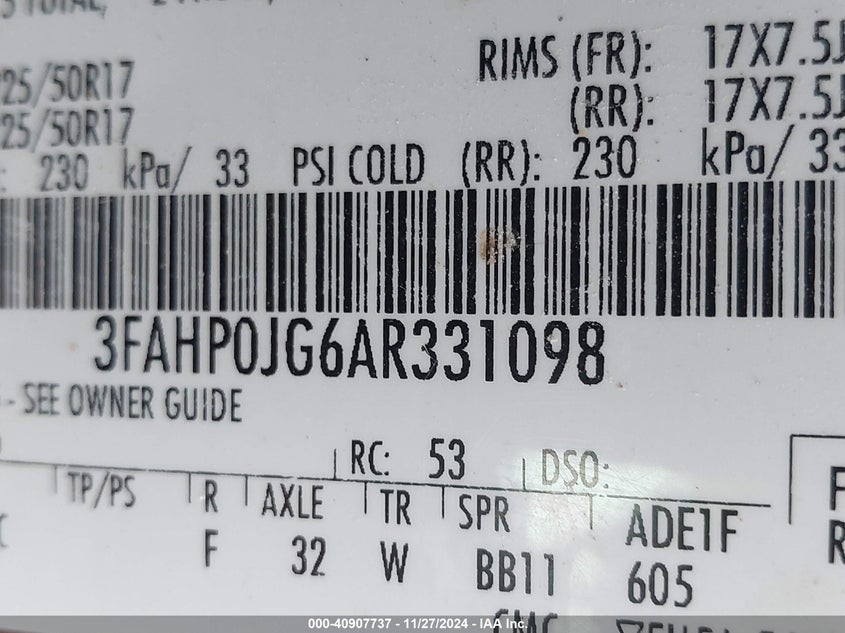 2010 FORD FUSION VIN: 3FAHP0JG6AR331098