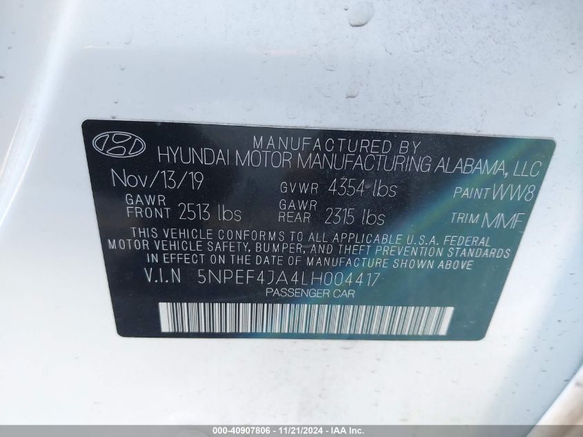 2020 Hyundai Sonata Sel VIN: 5NPEF4JA4LH004417 Lot: 40907806