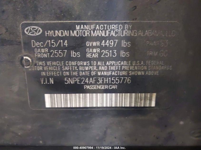 2015 Hyundai Sonata Se VIN: 5NPE24AF3FH155776 Lot: 40907994