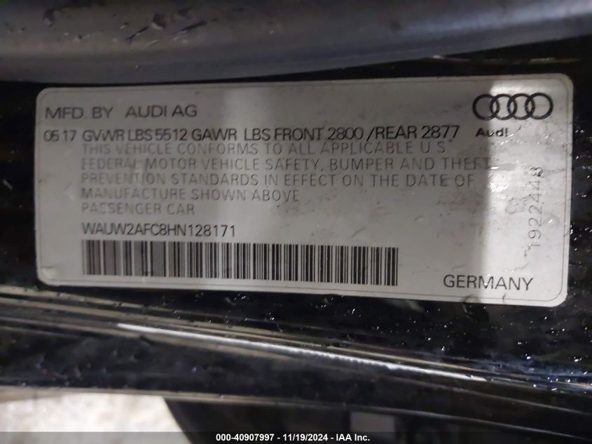 2017 Audi A7 3.0T Premium Plus VIN: WAUW2AFC8HN128171 Lot: 40907997