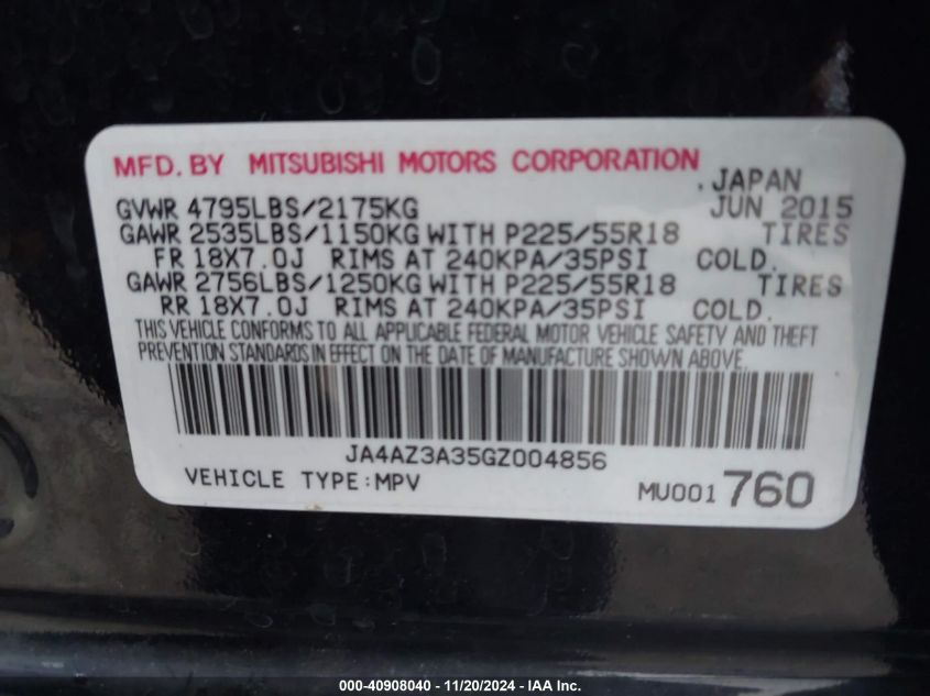 2016 Mitsubishi Outlander Se VIN: JA4AZ3A35GZ004856 Lot: 40908040