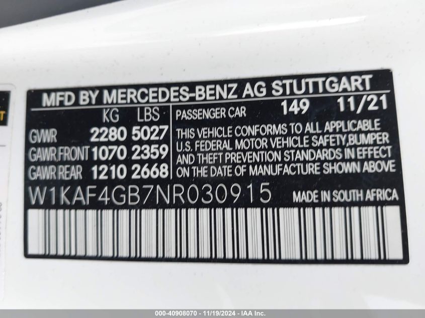 2022 Mercedes-Benz C 300 Sedan VIN: W1KAF4GB7NR030915 Lot: 40908070