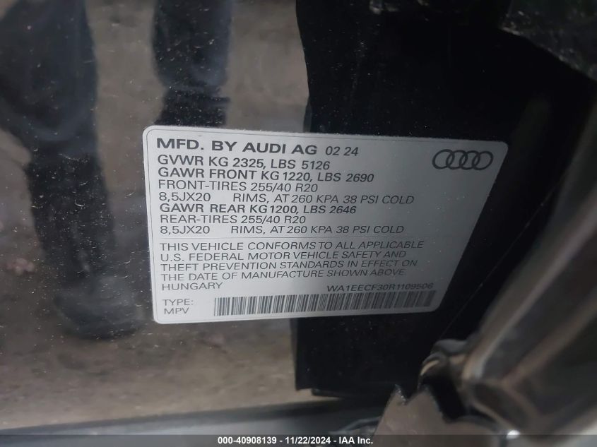 2024 Audi Q3 Premium Plus 45 Tfsi S Line Quattro Tiptronic VIN: WA1EECF30R1109506 Lot: 40908139