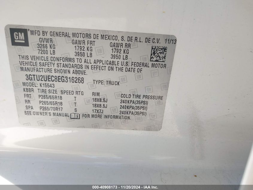 2014 GMC SIERRA 1500 VIN: 3GTU2UEC8EG316268