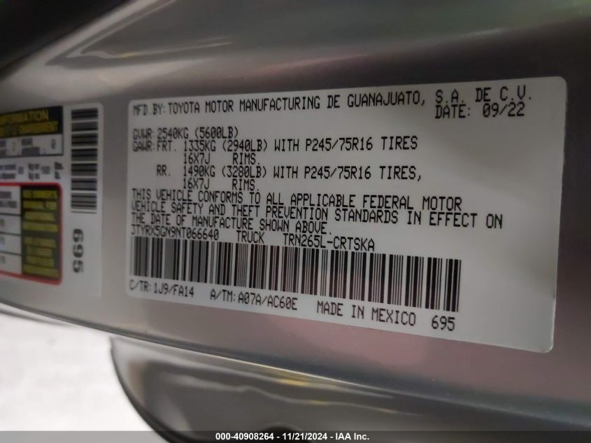 VIN 3TYRX5GN9NT066640 2022 Toyota Tacoma, SR no.9