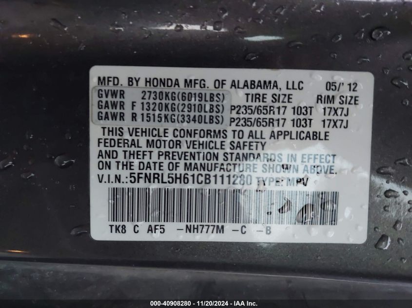 2012 Honda Odyssey Ex-L VIN: 5FNRL5H61CB111280 Lot: 40908280