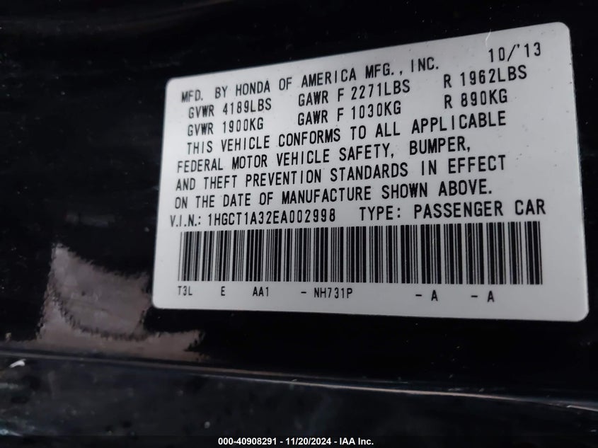 2014 HONDA ACCORD VIN: 1HGCT1A32EA002998