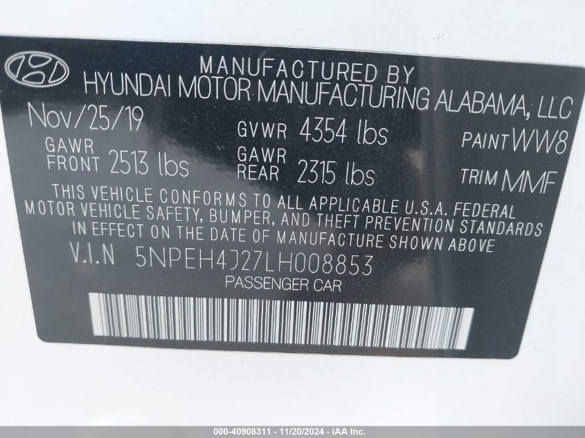 2020 Hyundai Sonata Limited VIN: 5NPEH4J27LH008853 Lot: 40908311