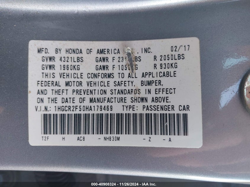 2017 HONDA ACCORD VIN: 1HGCR2F50HA179469