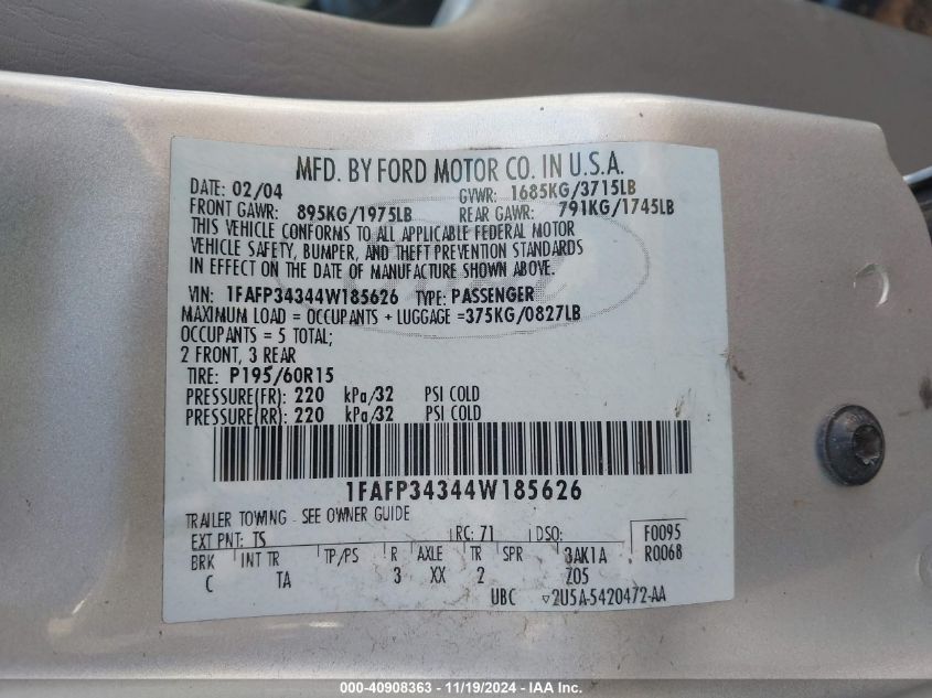 2004 Ford Focus Se VIN: 1FAFP34344W185626 Lot: 40908363