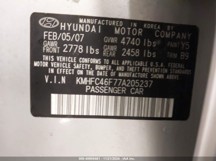 2007 Hyundai Azera Limited/Se VIN: KMHFC46F77A205237 Lot: 40908461