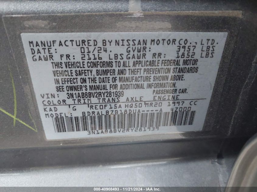 2024 Nissan Sentra S Xtronic Cvt VIN: 3N1AB8BV2RY281939 Lot: 40908493