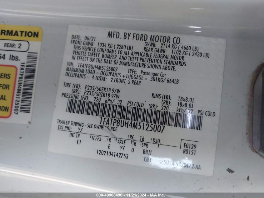 VIN 1FATP8UH4M5125007 2021 FORD MUSTANG ECOBOOST PREMIUM