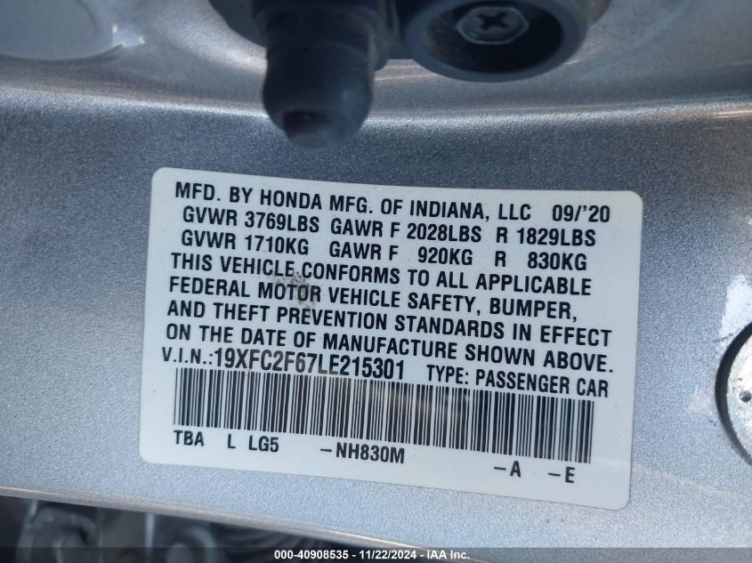 2020 Honda Civic Lx VIN: 19XFC2F67LE215301 Lot: 40908535