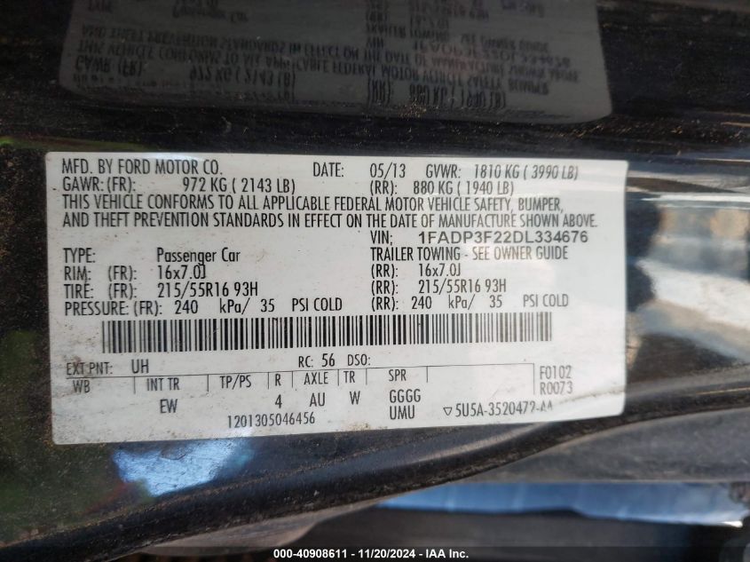 2013 Ford Focus Se VIN: 1FADP3F22DL334676 Lot: 40908611