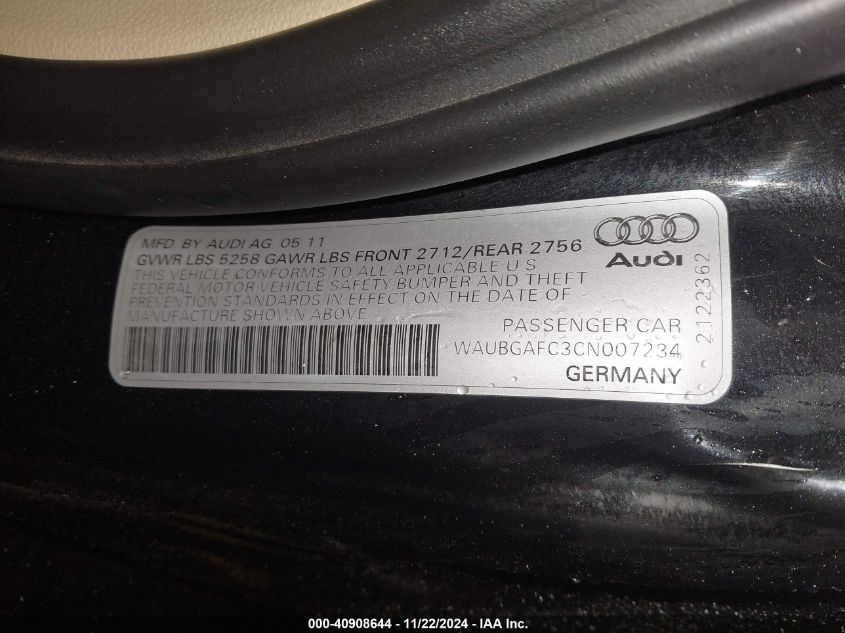 2012 Audi A6 3.0 Premium VIN: WAUBGAFC3CN007234 Lot: 40908644