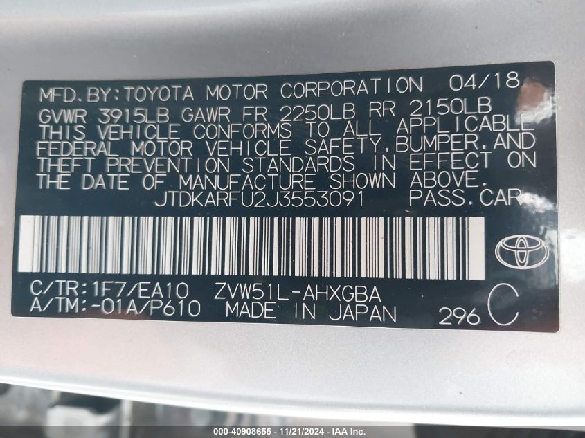 2018 Toyota Prius VIN: JTDKARFU2J3553091 Lot: 40908655